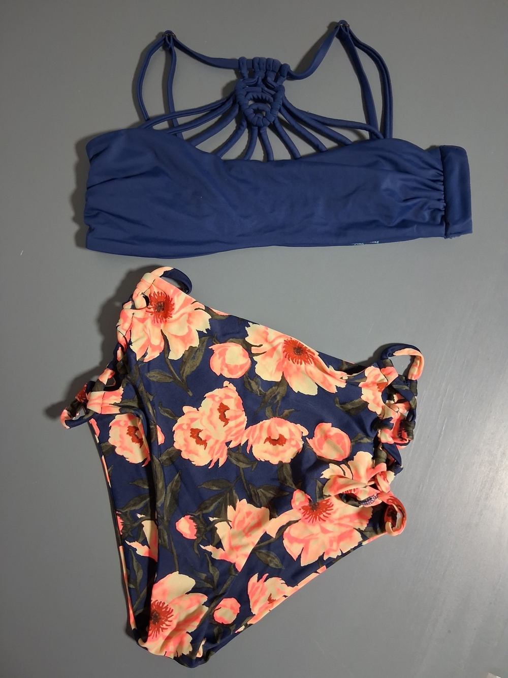 Tori Praver Navy Blue Bandeau with Coral Floral High-Waist Bottoms